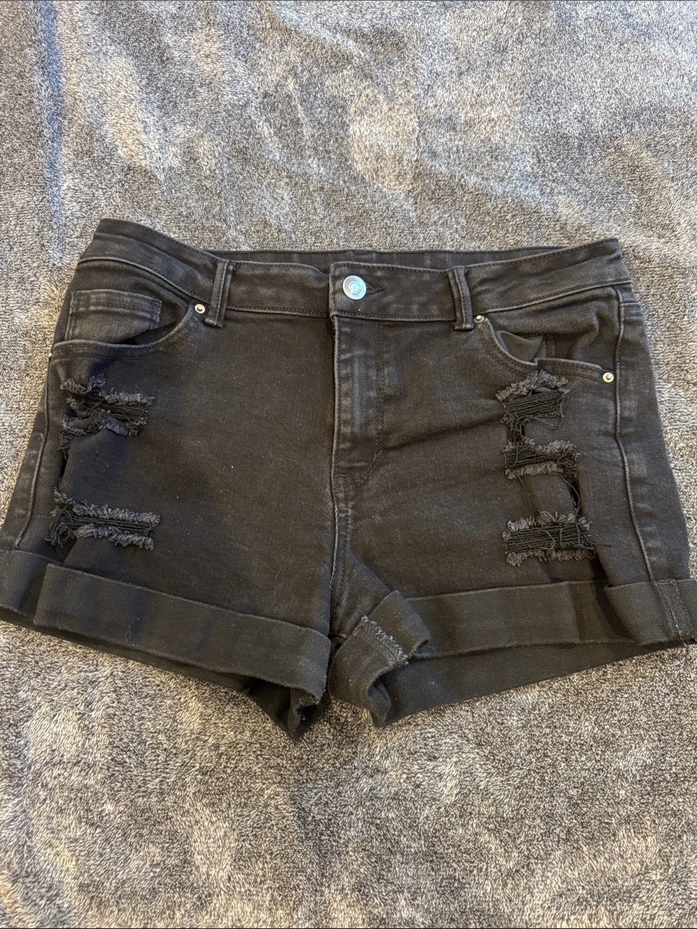 Fashion Nova Black Distressed Rolled-Hem Denim Shorts